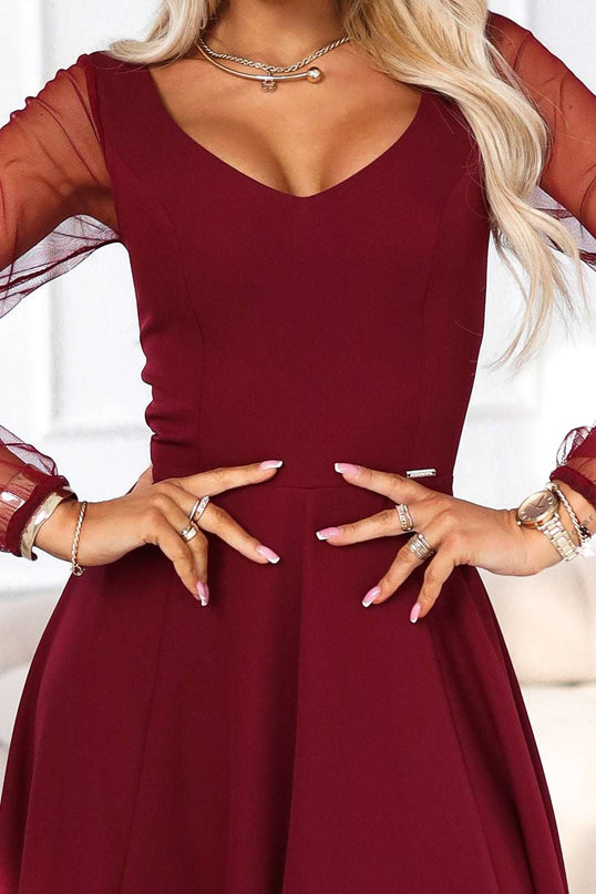 640-1 LORETTA unique long dress with tulle sleeves and neckline - burgundy