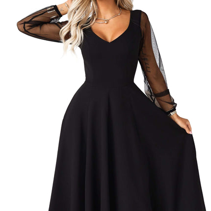 640-2 LORETTA unique long dress with tulle sleeves and neckline - black