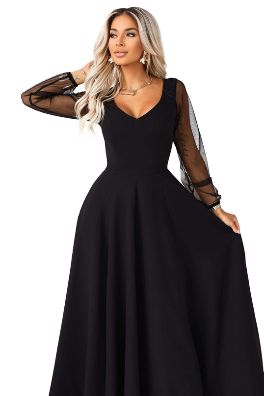 640-2 LORETTA unique long dress with tulle sleeves and neckline - black