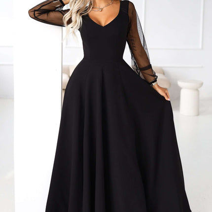 640-2 LORETTA unique long dress with tulle sleeves and neckline - black