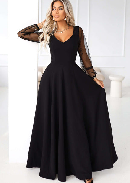 640-2 LORETTA unique long dress with tulle sleeves and neckline - black