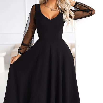 640-2 LORETTA unique long dress with tulle sleeves and neckline - black