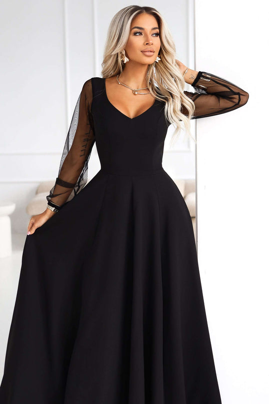 640-2 LORETTA unique long dress with tulle sleeves and neckline - black