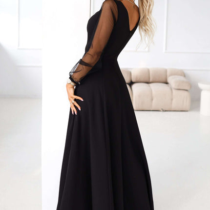 640-2 LORETTA unique long dress with tulle sleeves and neckline - black