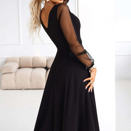 640-2 LORETTA unique long dress with tulle sleeves and neckline - black
