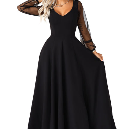 640-2 LORETTA unique long dress with tulle sleeves and neckline - black