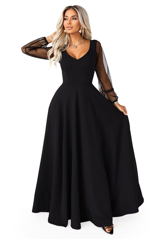 640-2 LORETTA unique long dress with tulle sleeves and neckline - black