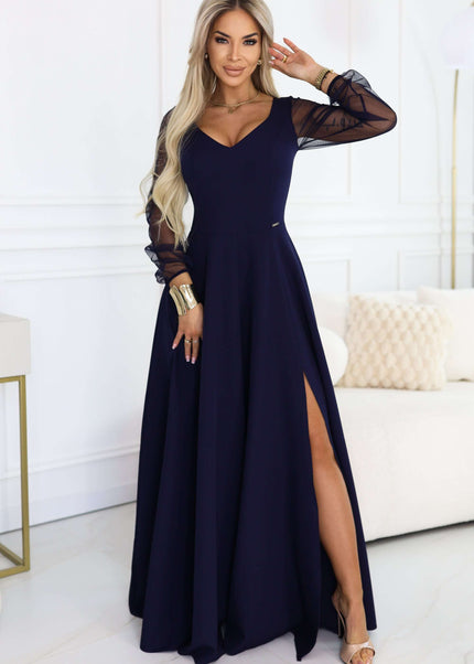640-3 LORETTA unique long dress with tulle sleeves and neckline - navy blue