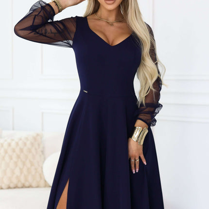 640-3 LORETTA unique long dress with tulle sleeves and neckline - navy blue
