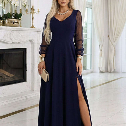 640-3 LORETTA unique long dress with tulle sleeves and neckline - navy blue