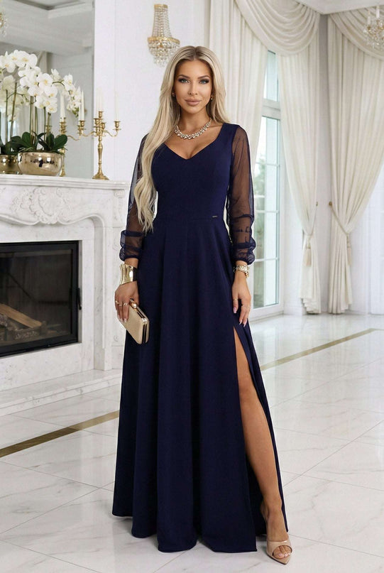 640-3 LORETTA unique long dress with tulle sleeves and neckline - navy blue