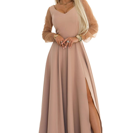 640-4 LORETTA Unique Long Dress with Tulle Sleeves and Neckline - Beige