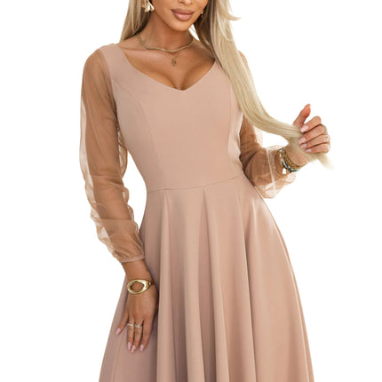 640-4 LORETTA Unique Long Dress with Tulle Sleeves and Neckline - Beige