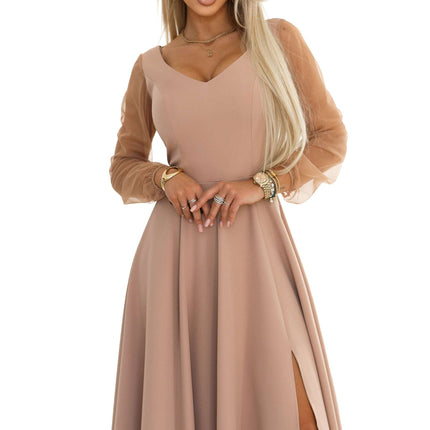 640-4 LORETTA Unique Long Dress with Tulle Sleeves and Neckline - Beige