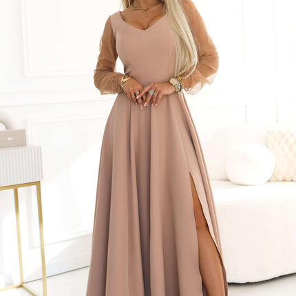 640-4 LORETTA Unique Long Dress with Tulle Sleeves and Neckline - Beige