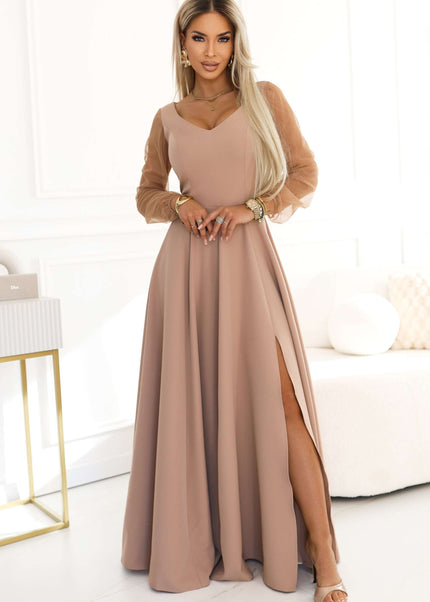 640-4 LORETTA Unique Long Dress with Tulle Sleeves and Neckline - Beige