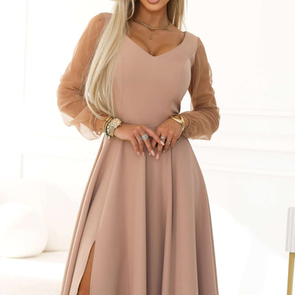 640-4 LORETTA Unique Long Dress with Tulle Sleeves and Neckline - Beige