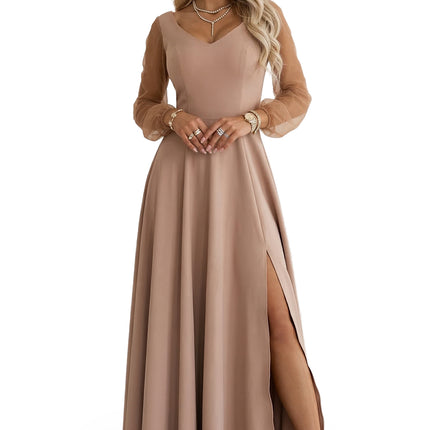 640-4 LORETTA Unique Long Dress with Tulle Sleeves and Neckline - Beige