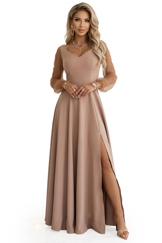 640-4 LORETTA Unique Long Dress with Tulle Sleeves and Neckline - Beige
