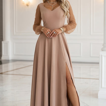 640-4 LORETTA Unique Long Dress with Tulle Sleeves and Neckline - Beige