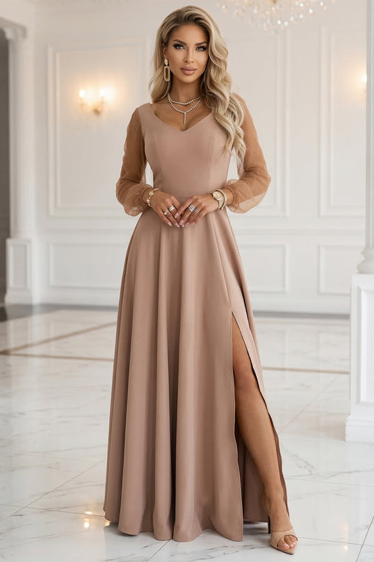 640-4 LORETTA Unique Long Dress with Tulle Sleeves and Neckline - Beige