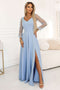 640-5 LORETTA Unique Long Dress with Tulle Sleeves and Neckline - Sky Blue