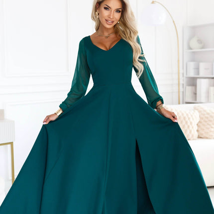Green Dress with Tulle Sleeves and Neckline – Loretta