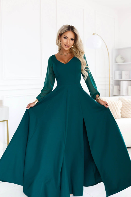 Green Dress with Tulle Sleeves and Neckline – Loretta
