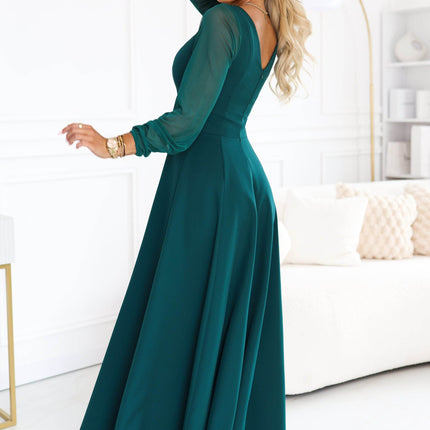 Green Dress with Tulle Sleeves and Neckline – Loretta