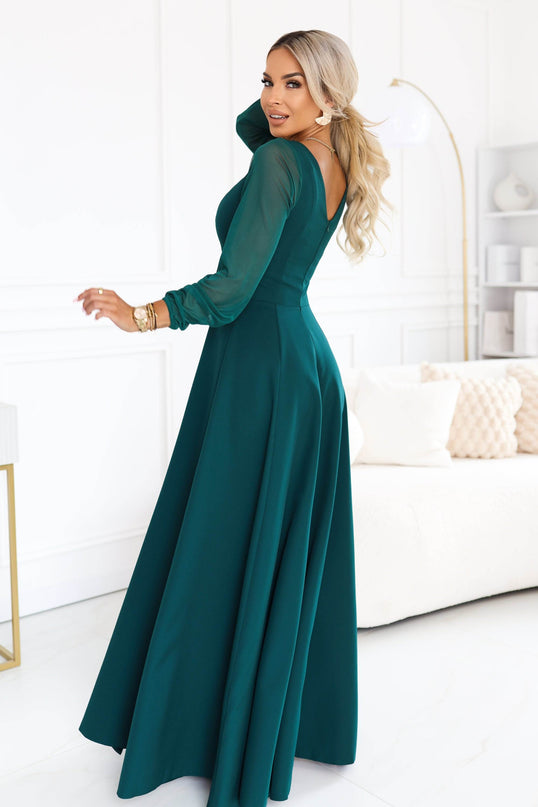 Green Dress with Tulle Sleeves and Neckline – Loretta
