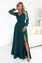 640-6 LORETTA Exceptional long dress with tulle sleeves and neckline - green