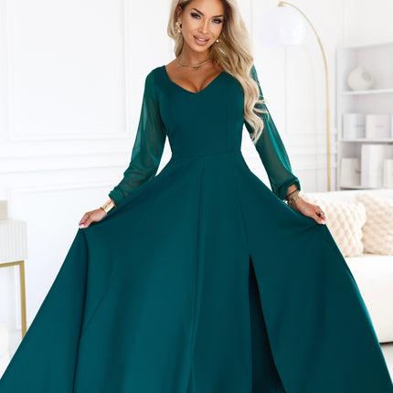 21932-5-640-6 LORETTA Exceptional long dress with tulle sleeves and neckline - green-5