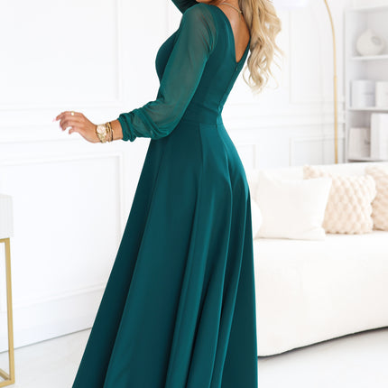 21932-3-640-6 LORETTA Exceptional long dress with tulle sleeves and neckline - green-3