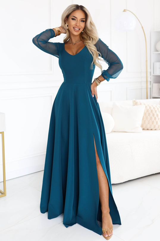 Sea Green Long Dress with Tulle Sleeves – Loretta