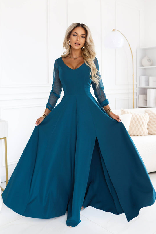 Sea Green Long Dress with Tulle Sleeves – Loretta