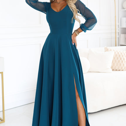 21960-1-640-7 LORETTA Exceptional long dress with tulle sleeves and neckline - sea green-1