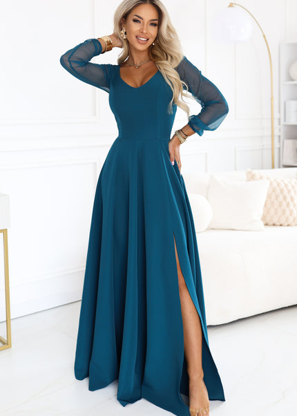 21960-1-640-7 LORETTA Exceptional long dress with tulle sleeves and neckline - sea green-1