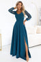 640-7 LORETTA Exceptional long dress with tulle sleeves and neckline - sea green
