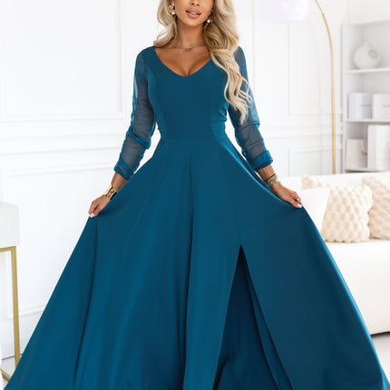 21960-4-640-7 LORETTA Exceptional long dress with tulle sleeves and neckline - sea green-4