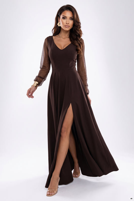 Chocolate Brown Long Dress with Tulle Sleeves – Loretta