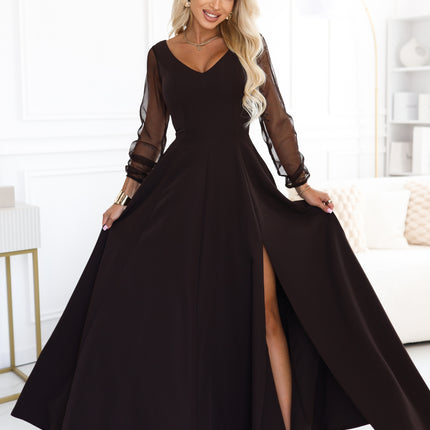 Chocolate Brown Long Dress with Tulle Sleeves – Loretta