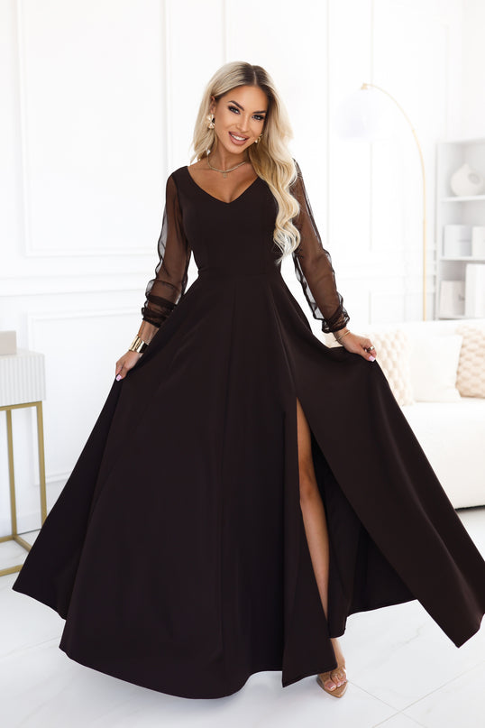 Chocolate Brown Long Dress with Tulle Sleeves – Loretta