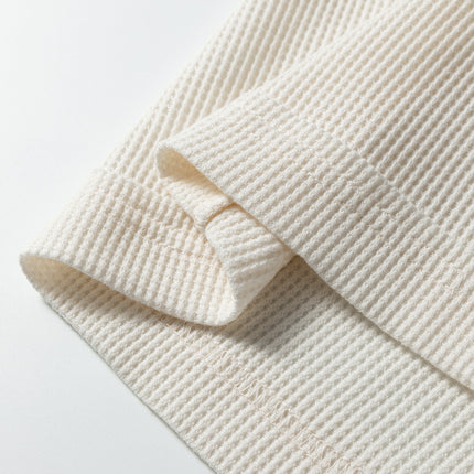 Beige Solid Color Waffle Knit Asymmetric Neck Long Sleeve Top