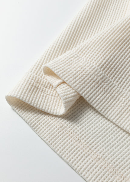 Beige Solid Color Waffle Knit Asymmetric Neck Long Sleeve Top