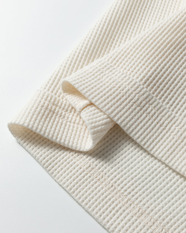 Beige Solid Color Waffle Knit Asymmetric Neck Long Sleeve Top