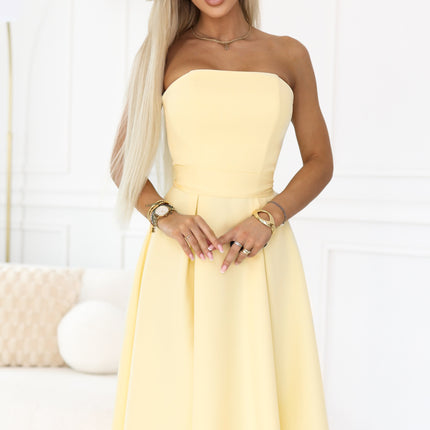 Pastel Yellow Flared Midi Dress with Belt – Vivienne