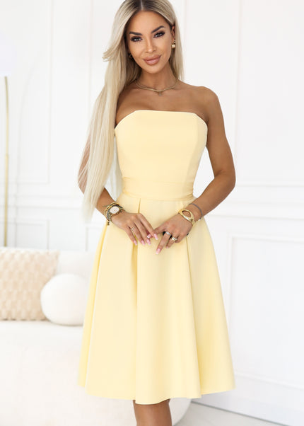 Pastel Yellow Flared Midi Dress with Belt – Vivienne