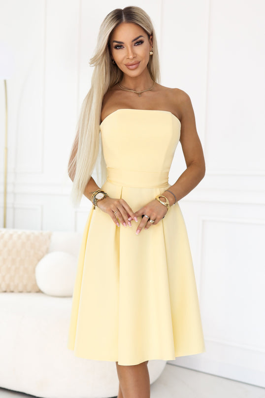 Pastel Yellow Flared Midi Dress with Belt – Vivienne