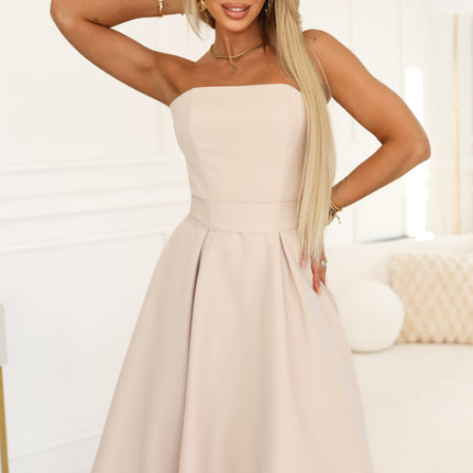 Light Beige Flared Midi Dress with Belt – Vivienne