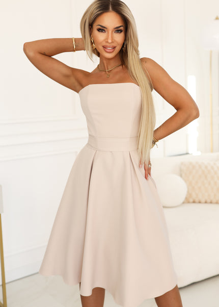 Light Beige Flared Midi Dress with Belt – Vivienne